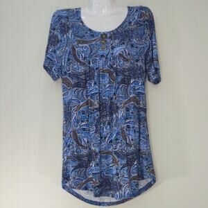Popyoung Blue Paisley Round‎ Neck Short Sleeve Pullover Top Large NWT